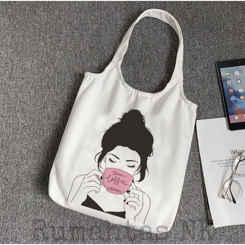 Totebag Vintage Populer Tas Tote-Cewek minum kopi