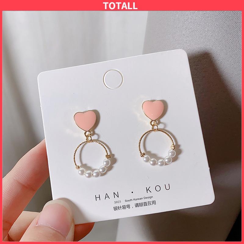 COD Anting-anting Geometris Lingkaran Kecil Manis Love Pearl Stud Earrings-Totall