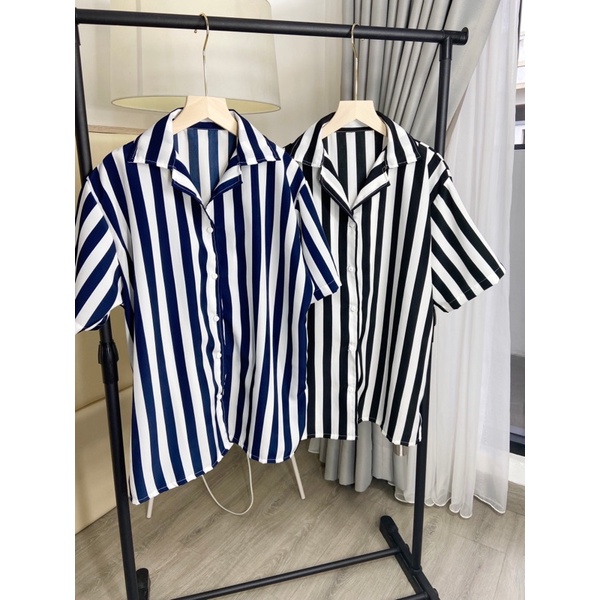 marketonline atasan blouse salur oversize / kemeja oversize lengan pendek