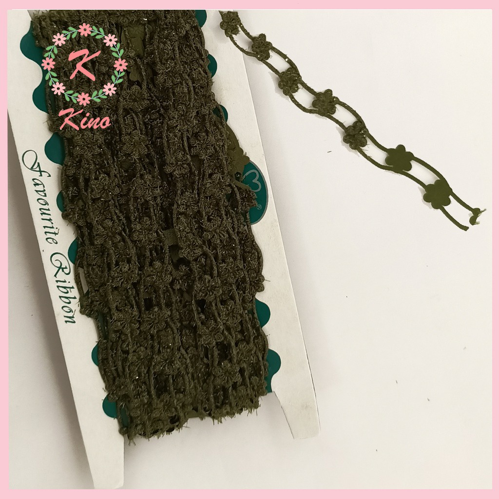 [PER ROLL] Renda Bunga Renteng Hijau Army Kecil  lebar 2cm - vintage rustic hiasan souvenir hantaran