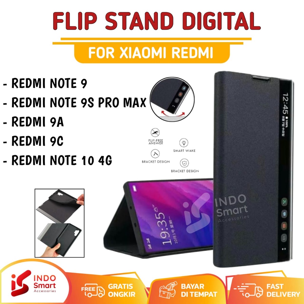 Redmi Note 9 9A 9C 9S 10 Pro Max Smart View Flip Case Digital Standing Sarung Book Cover Softcase