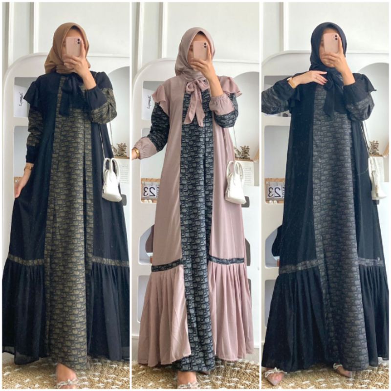 BISA COD AZKIYAHIJAB29 TERBARU FATIMAH DRESS GAMIS SET OUTER MOTIF BRANDED DIOR IMPORT BUSUI JUMBO G