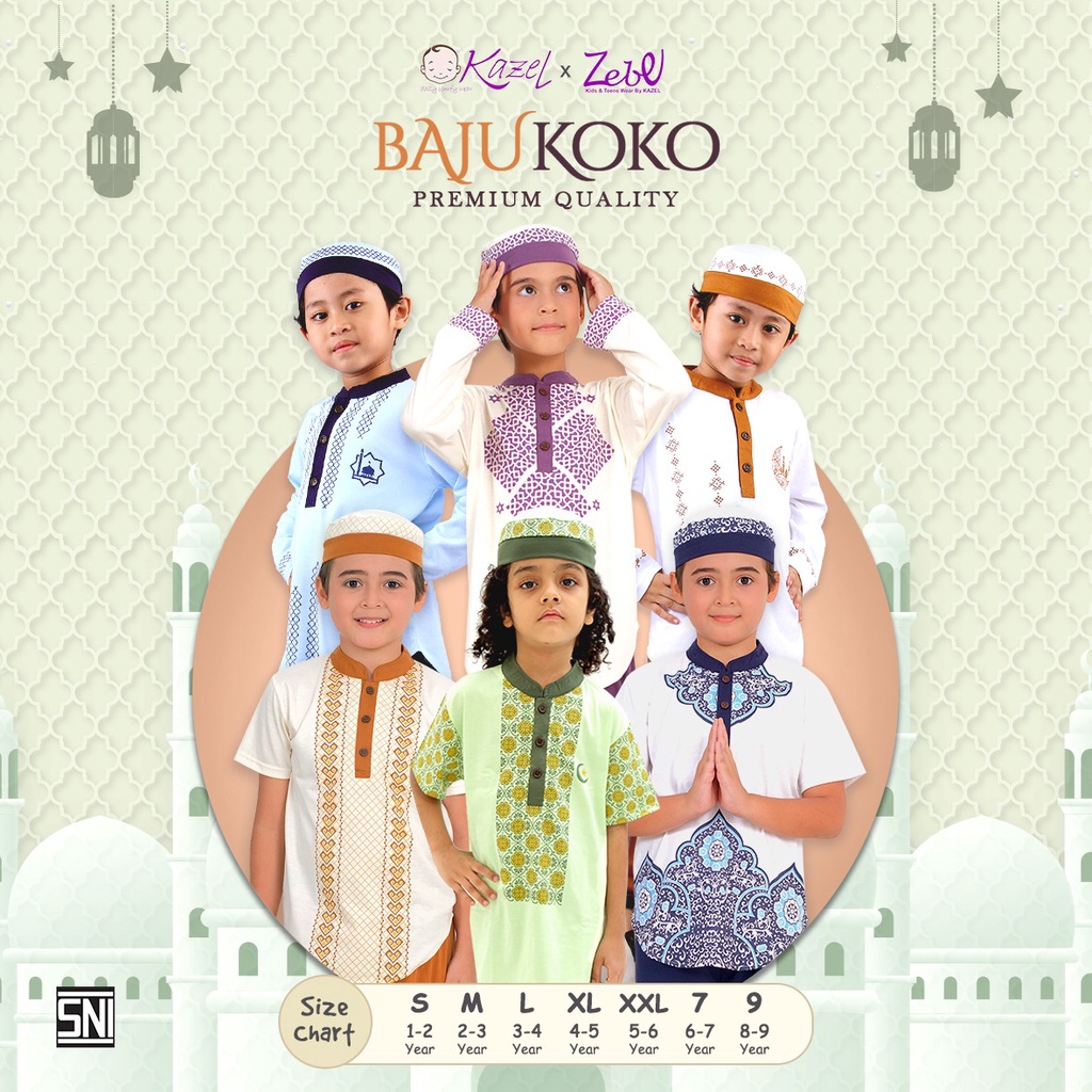 Setelan Koko Anak Laki Laki Kazel + Peci (1Set) baju lebaran anak kekinian baju koko anak setelan koko branded santri best Seller F2D0 murah import terbaru 2023 viral grosir modern one set muslim terlaris ngaji baju muslim anak laki laki