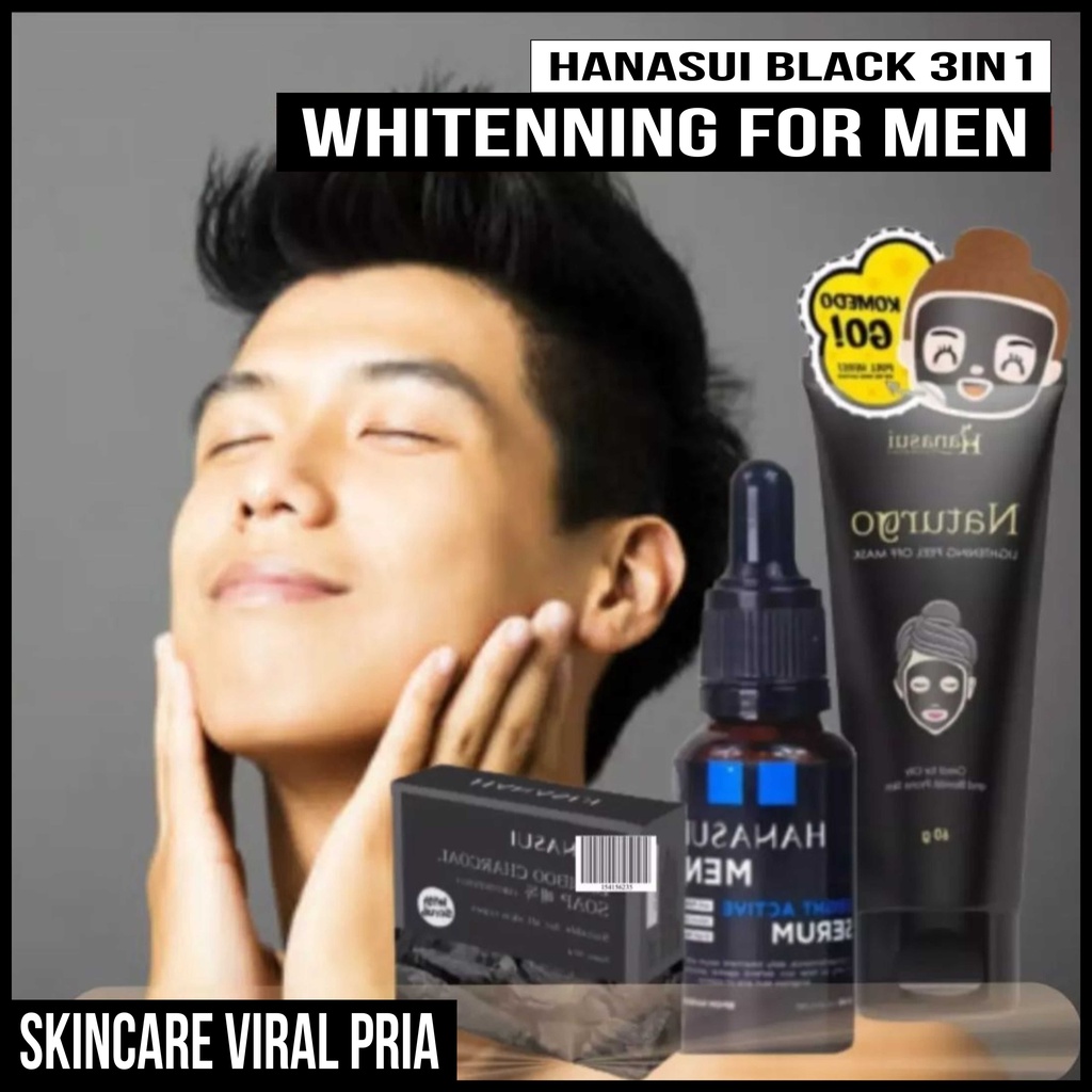 Paket Skincare 3in1 Hanasui Men Bright Active Serum ( Bright Active Serum + Charcoal Soap + Naturgo 
