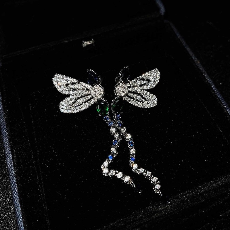 Colorful Moissanite Dragonfly Shape Long Sterling Silver Needle Stud Earrings