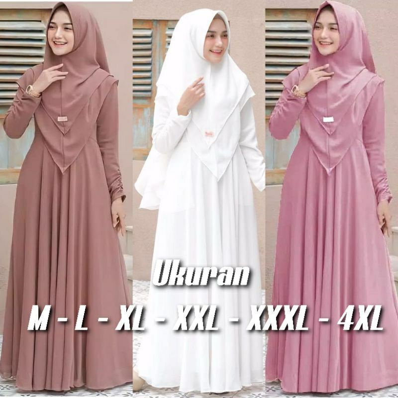 gamis syari jumbo hijab 2 layer terbaru ukuran L to XXXL gamis wanita muslim syari terbaru gamis wan