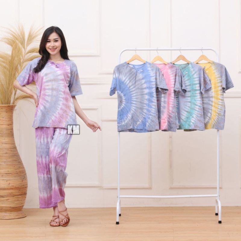 One Set Wanita Motif Tiedye / Piyama Wanita Dewasa Kekinian Celana Panjang