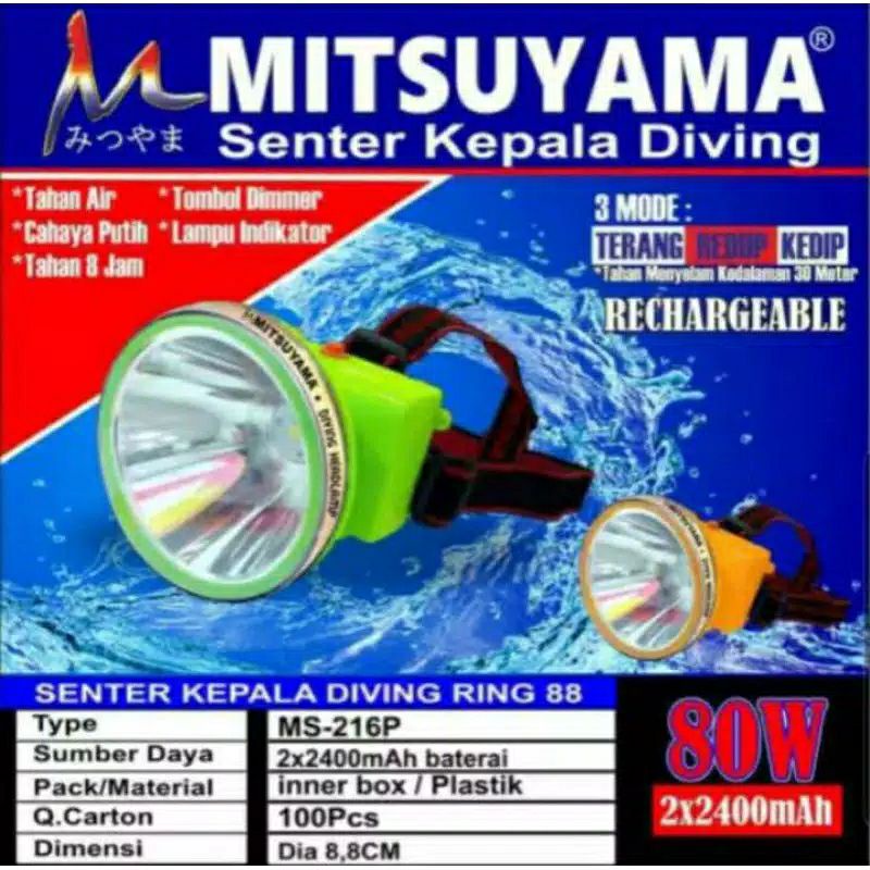 senter kepala selam/diving original mitsuyama MS-216 80W super terang