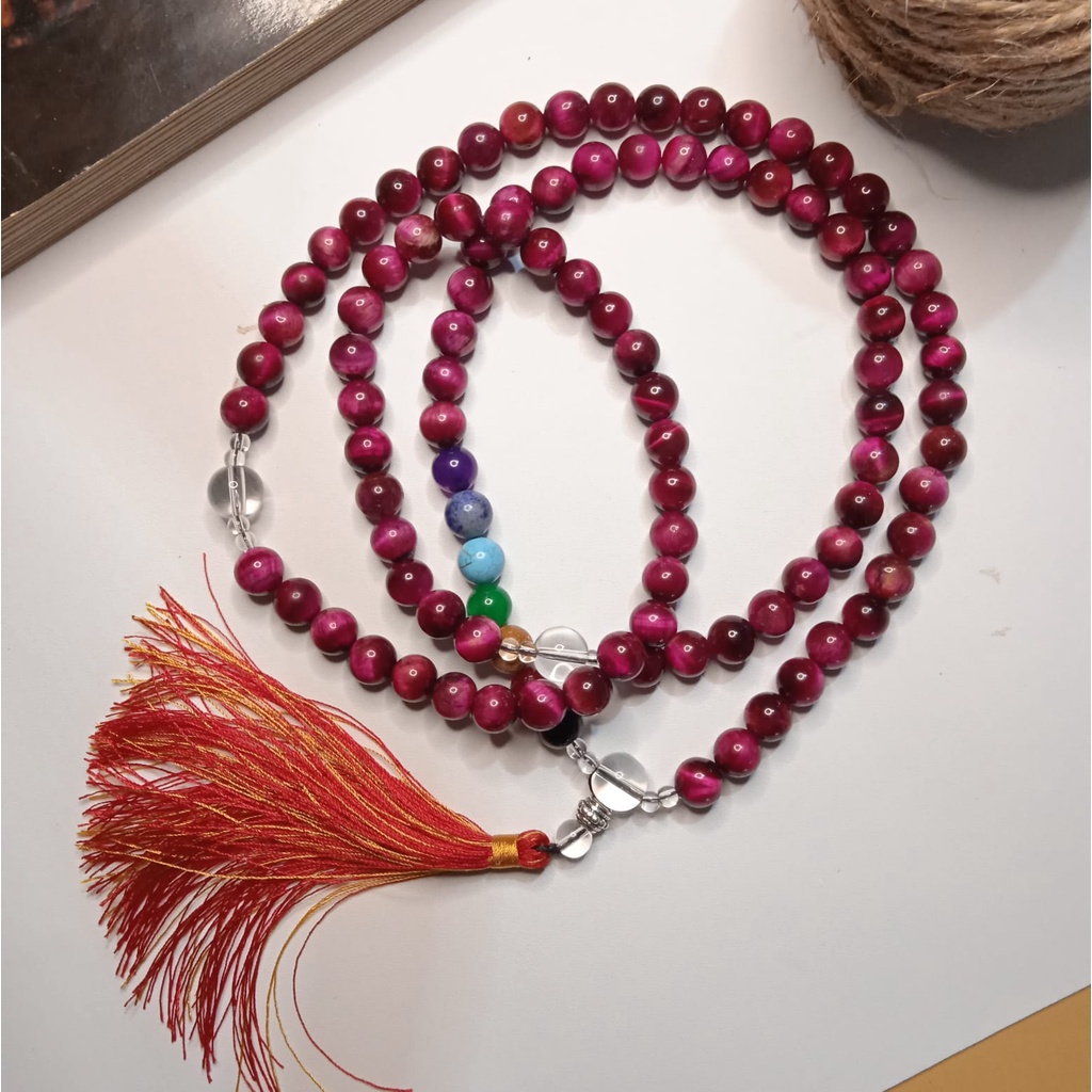 Kalung Tasbih 99 Batu Pink Tiger Eye Kombinasi 7 Chakra