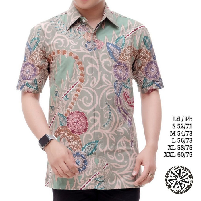 kemeja batik pria lengan pendek batik tulis berlapis trikot ALKA252 - Tosca Muda, S