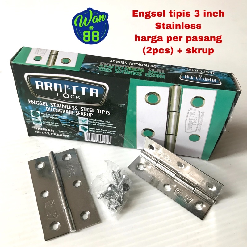 Engsel Tipis 3 inch Stainless Dengan Skrup Arnetta