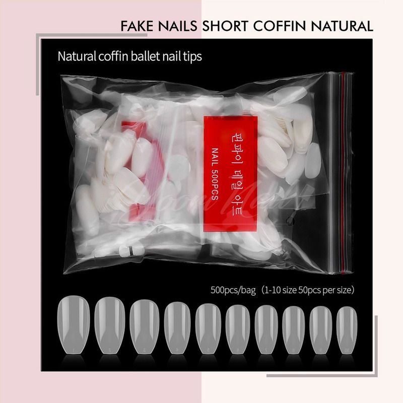 Fake nails Short coffin ballerina 500pcs kuku palsu coffin pack natural cream clear transparant