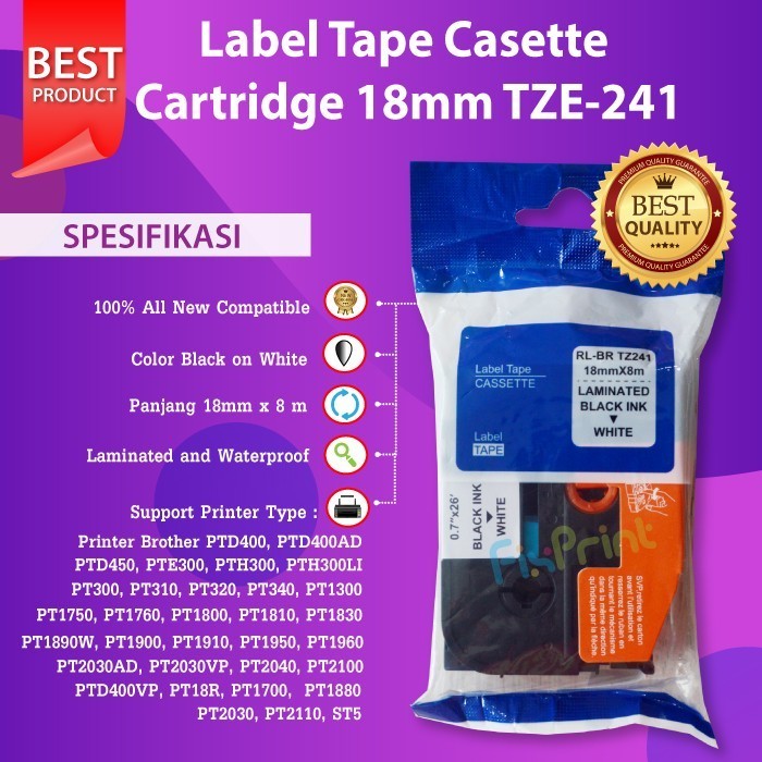 Label Tape TZE-241 18mm Black On White Brother PT-D600 PT-E300 E550W