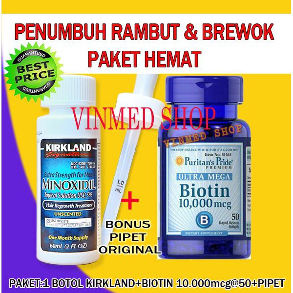 Kirkland Minoxidil 5%+Biotin 10.000mcg @50caps+Bonus Pipet ORI