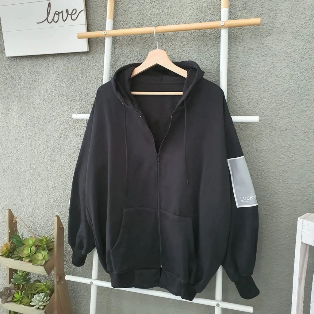 Luckyy Five Hoodie Pria Wanita Jackettt Hitam Oversize Vintage