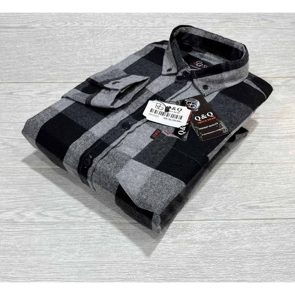 Kemeja Flanel motif kotak lengan panjang slim fit pria long sleeve Coklat garis biru