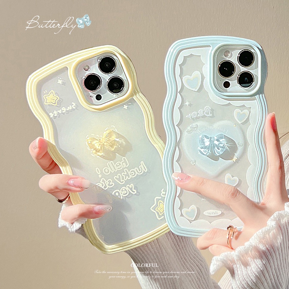 2in1 3D Busur Warna Macaron Cinta Hati Transparan Berbentuk Gelombang TPU Phone Case Cover Untuk Iphone X XR XS 11 12 13 14 PLUS PRO MAX