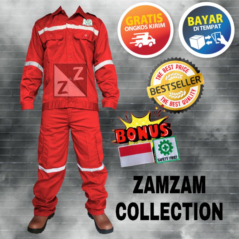 Tampil Keren &amp; Aman! Baju dan Celana Wearpack Safety American Drill Warna merah – Original &amp; Terbaik! Pesan Sekarang, Stok Terbatas!