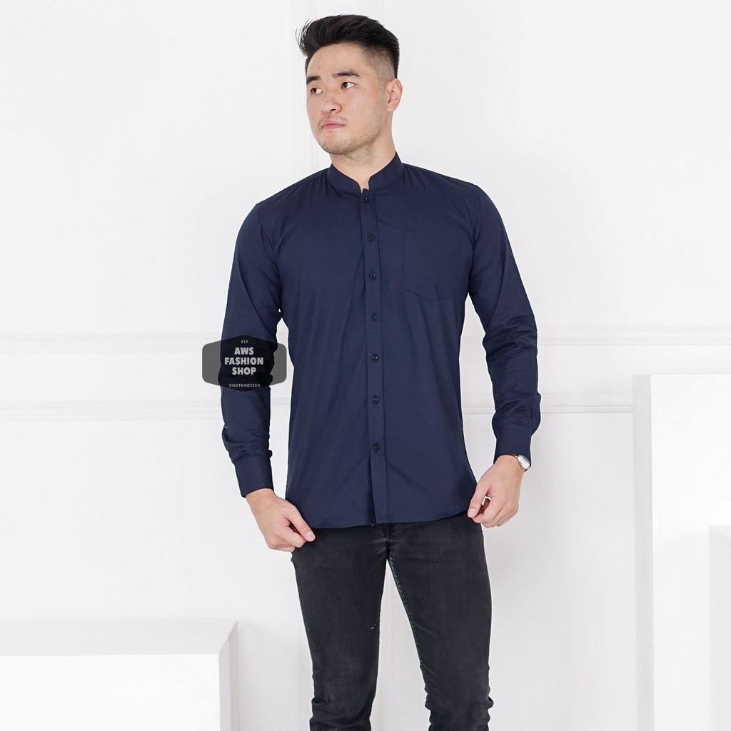 Kemeja Panjang Biru Navy Dark Blue Kerah Shanghai Pria Cowok Casual