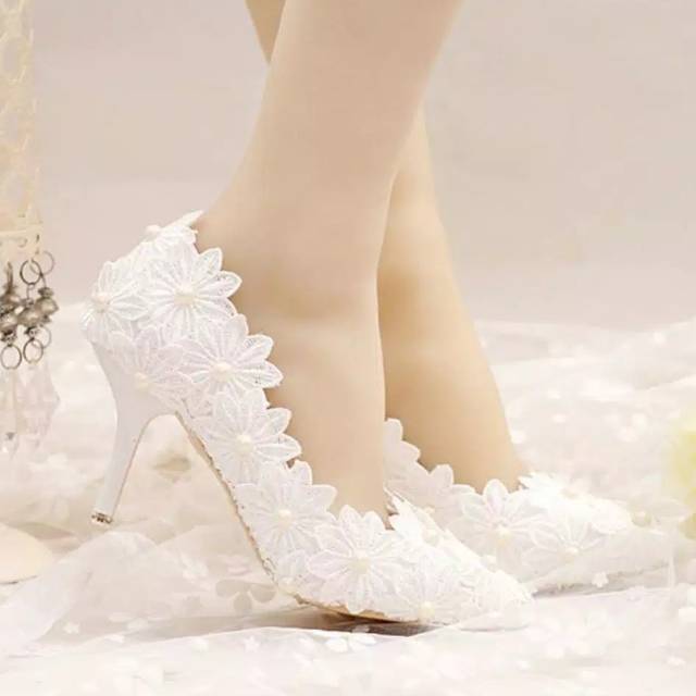Sepatu Fashion Wanita High Heels Bride Wedding Flower Putih Mutiara