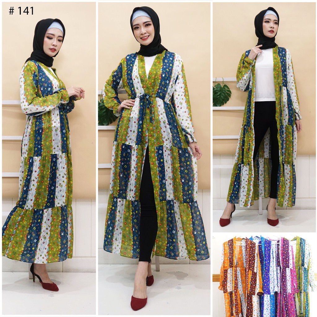 JakartaFashion - long cardigan ceruti sifon bahan ringan outer pantai motif bunga panjang serut tali