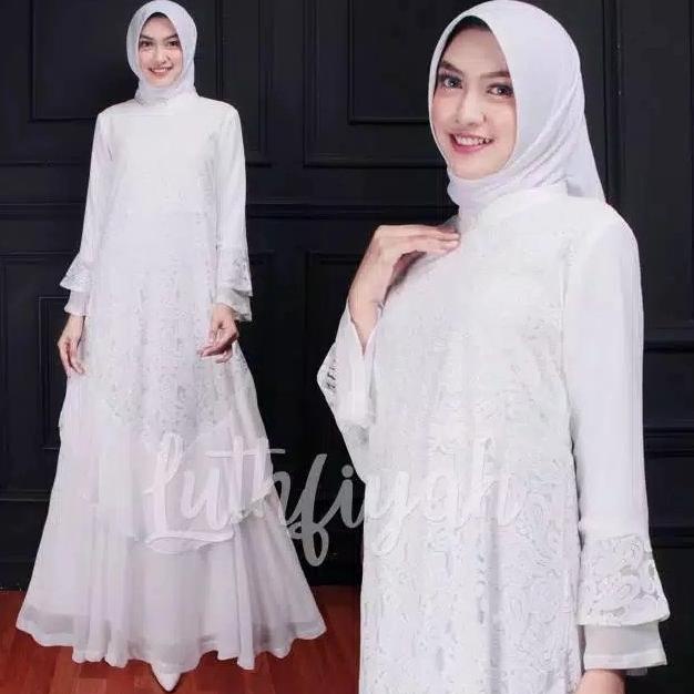 Gamis Umroh / Gamis Putih / Gamis Putih Polos Kombinasi Brukat