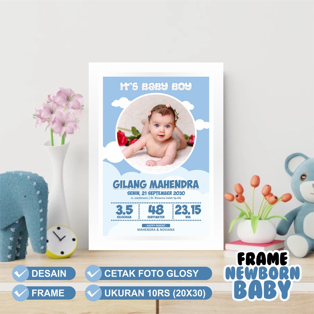 Biodata Kelahiran Bayi  Cetak Paper Glosy + Bingkai Foto Frame 001