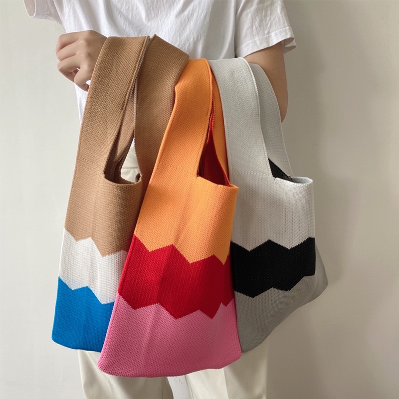 TI 3147 - Tas BUFFOLLOW Vacay Tote Bag Motif Gelombang 3 Warna - Tas BUFOLLOW BUFFOLOW BAG VIRAL THAILAND - BENE Korean Knitted Checkered Tote Bag / Tas Rajut Korea - E1