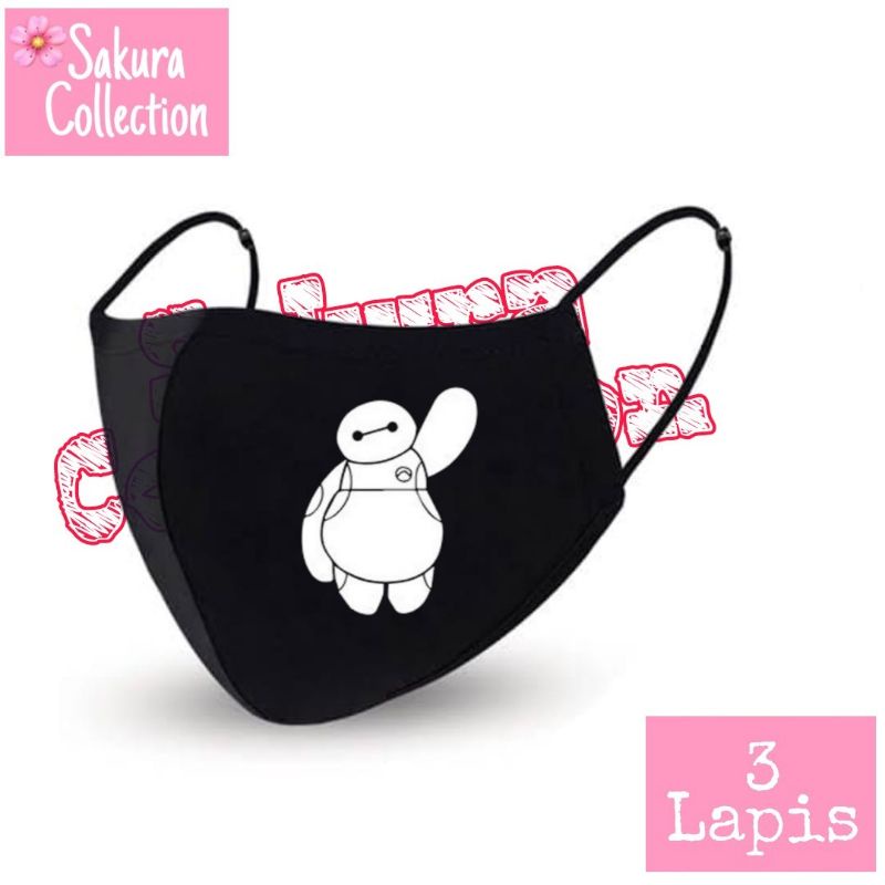 Masker Kain 3 ply/lapis BAYMAX Disney Kartun | Scuba Anak Dewasa | Earloop hitam bahan katun