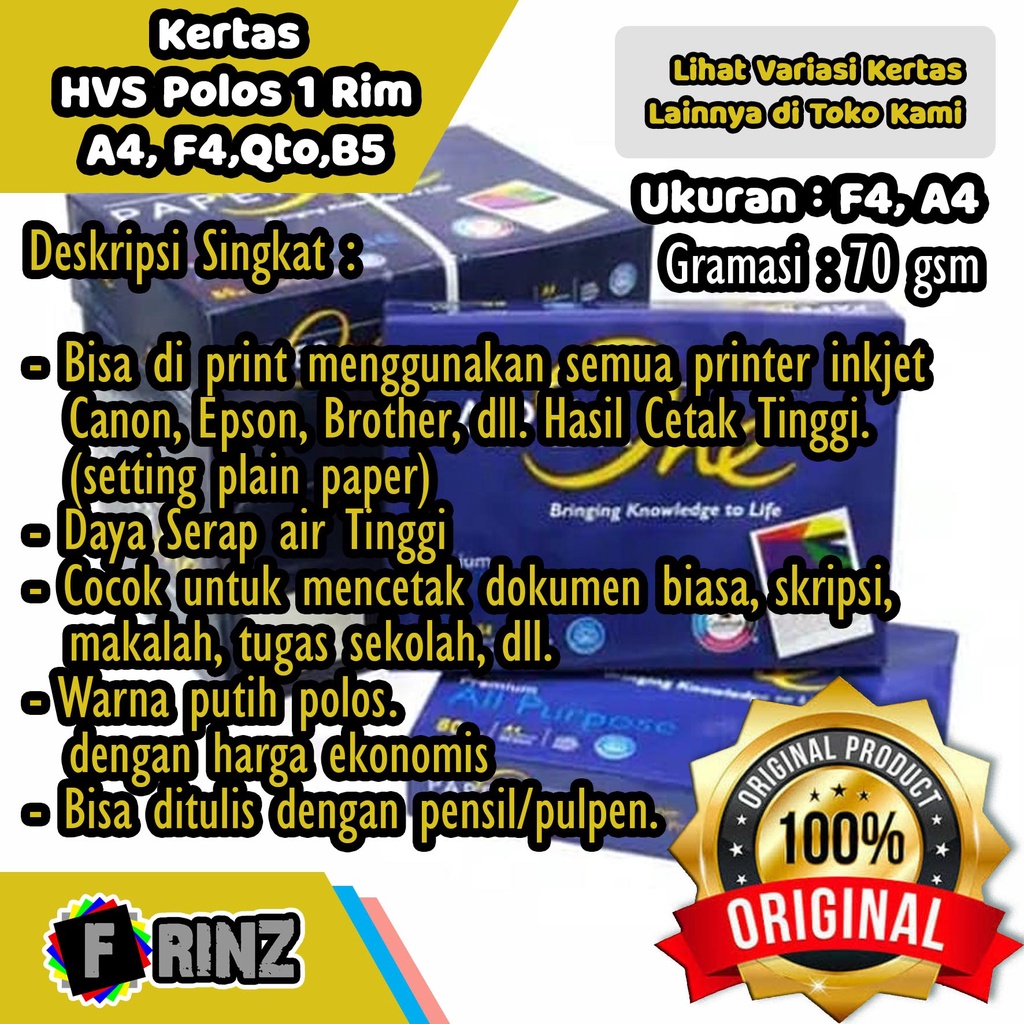 

Kertas HVS 70 Gram Putih Polos 1 RIM ( 500 Lembar ) F4 A4 70 Gsm
