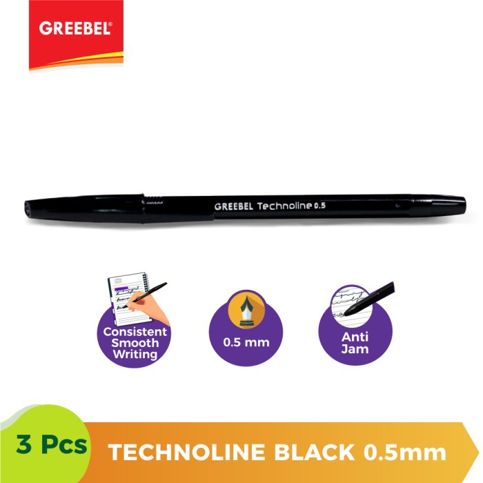 Ballpen Hitam Pulpen Greebel Ballpoint Technoline0.5 Black - 3pcs.