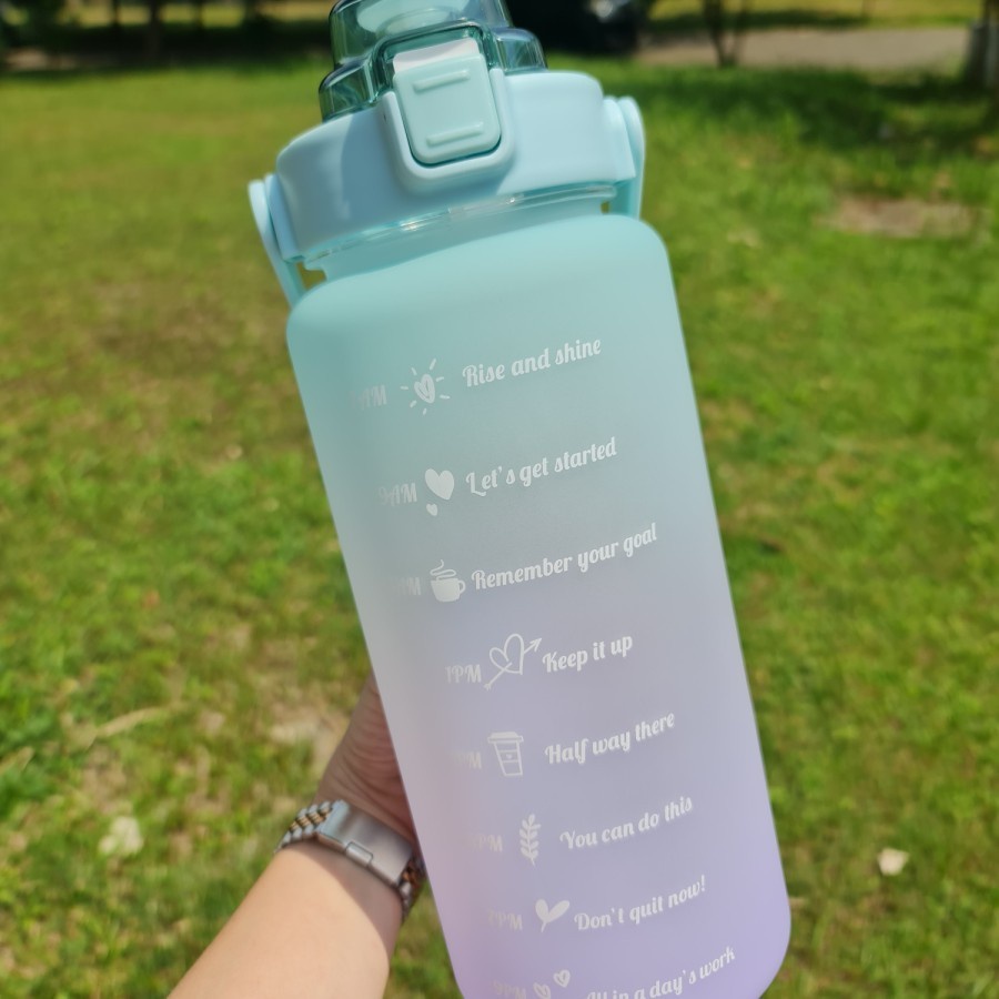 CINSTORE Botol Minum Jumbo Tritan Transparan Full Colour Olahraga Travel Motivasi Penanda Waktu Sport Water 1 2 Liter 1000 2000 Ml Botle Straw