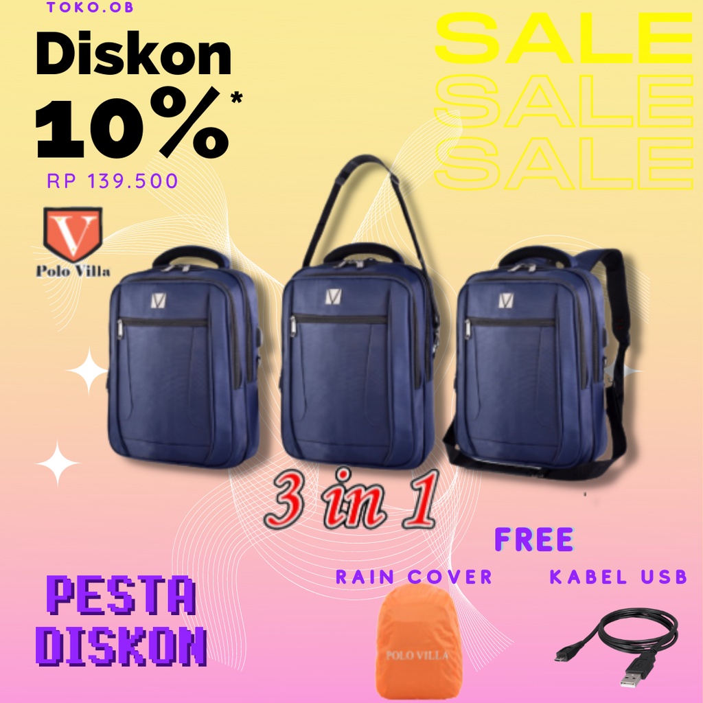 (Toko OB) Tas Murah Laptop Polo Villa 14081 Tas Pria Backpack Ransel (Free Kabel USB Extension+Rain Cover)