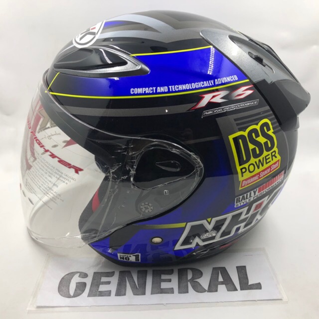 Helm NHK R6 Motif Rally #2 Black Blue Glossy Hitam Biru Half Face