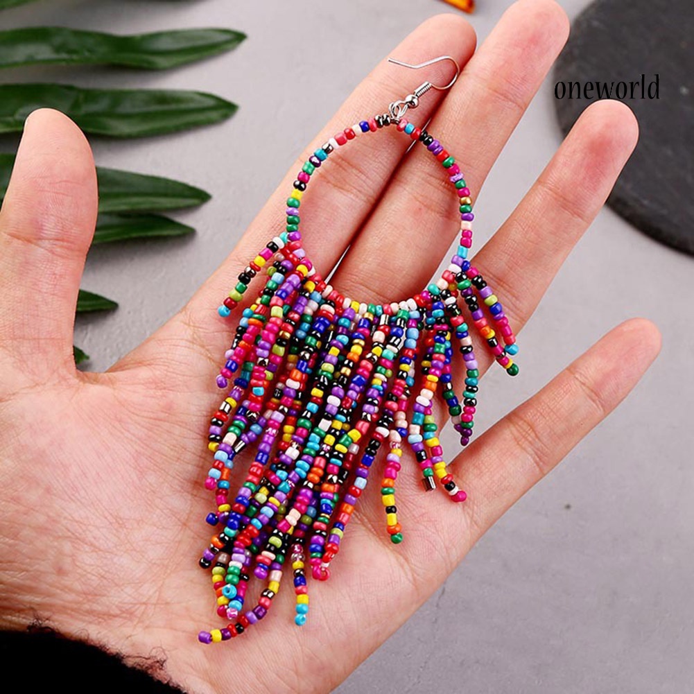 OW# Bohemian Women Beads Tassel Round Dangle Long Hook Earrings Statement Jewelry