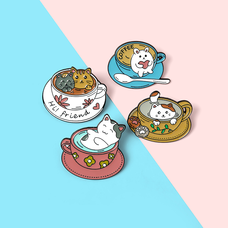 Bros Pin Enamel Bentuk Kucing Cangkir Kopi Untuk Hadiah Anak