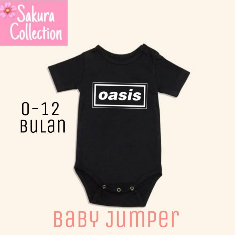 Kaos baju bayi jumper baby kids pendek band OASIS punk rock metal logo tulisan usia 0 1 2 3 4 5 6 7 8 9 10 11 12 bulan sampai umur 1 tahun adem jumpsuit babysuit romper bodysuit little anak kecil hitam style laki laki perempuan unisex nyaman lembut