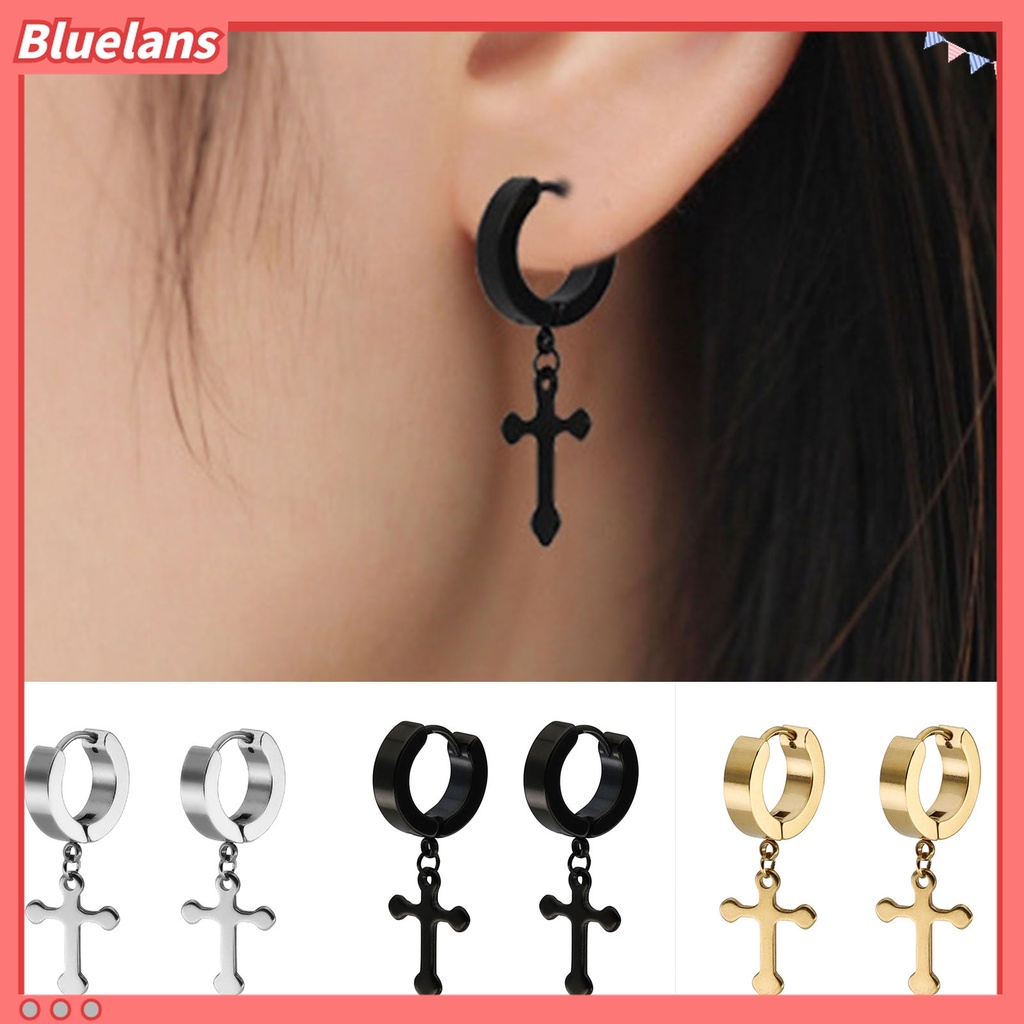 1 Pasang Anting Hoop Liontin Salib Menjuntai Bahan Titanium Steel Tahan Lama Untuk Pria Dan Wanita