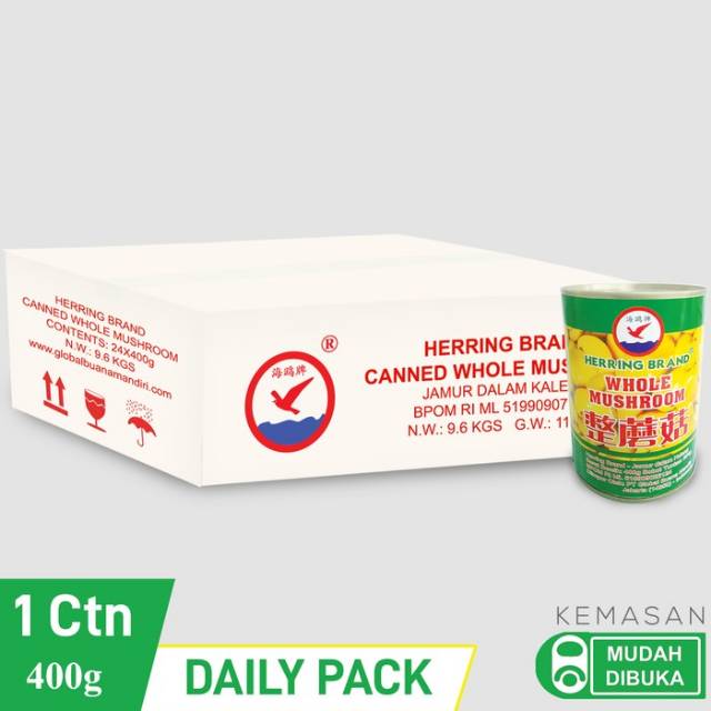 Herring Brand Canned Whole Mushroom Jamur kancing dalam kemasan Kaleng  400gr