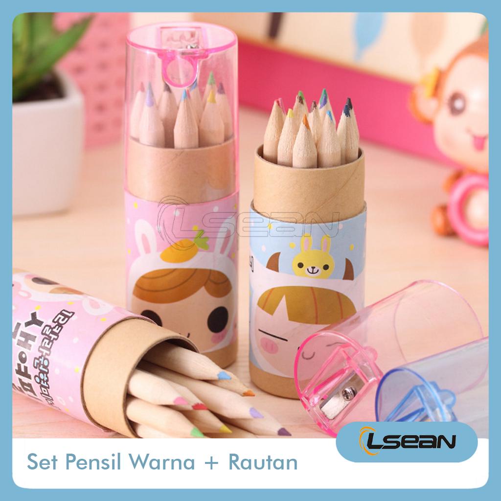 Set Pensil Warna Tabung Lucu Isi 12 Free Rautan Alat Mewarna