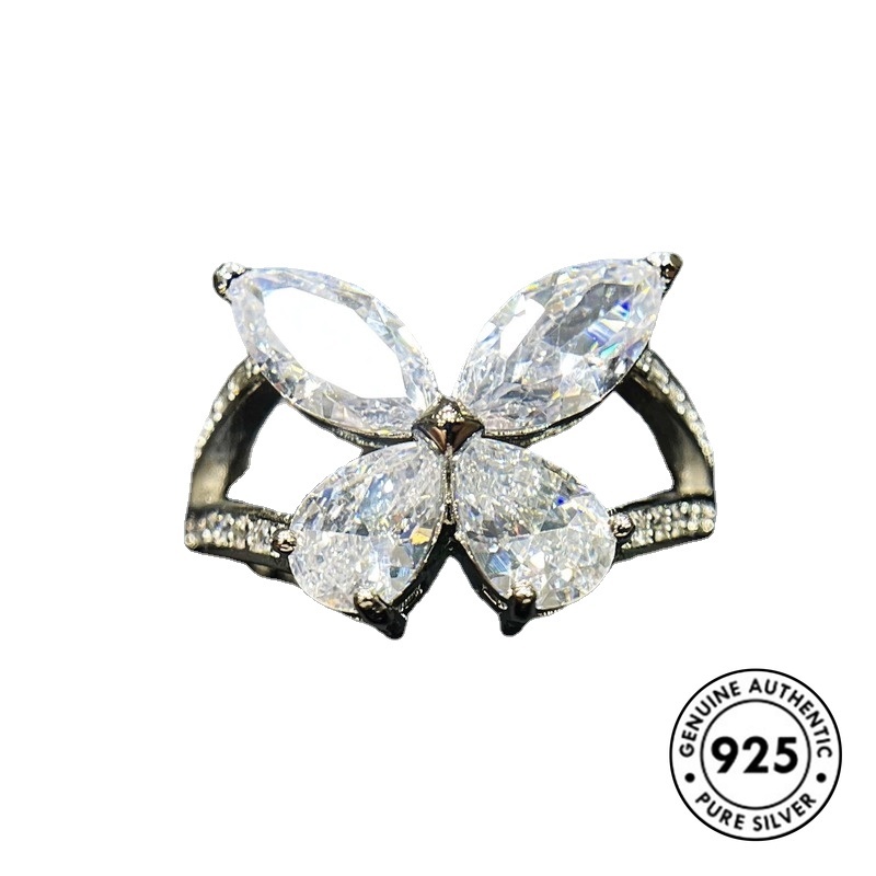 Cincin Desain Kupu-Kupu Aksen Berlian Bahan S925 Sterling Silver