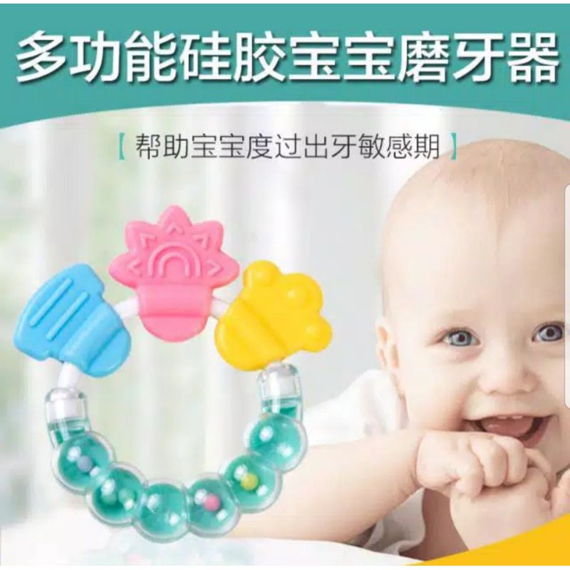 mainan rattle genggam bayi / gigitan empeng buah plastik dengan teether gelatin