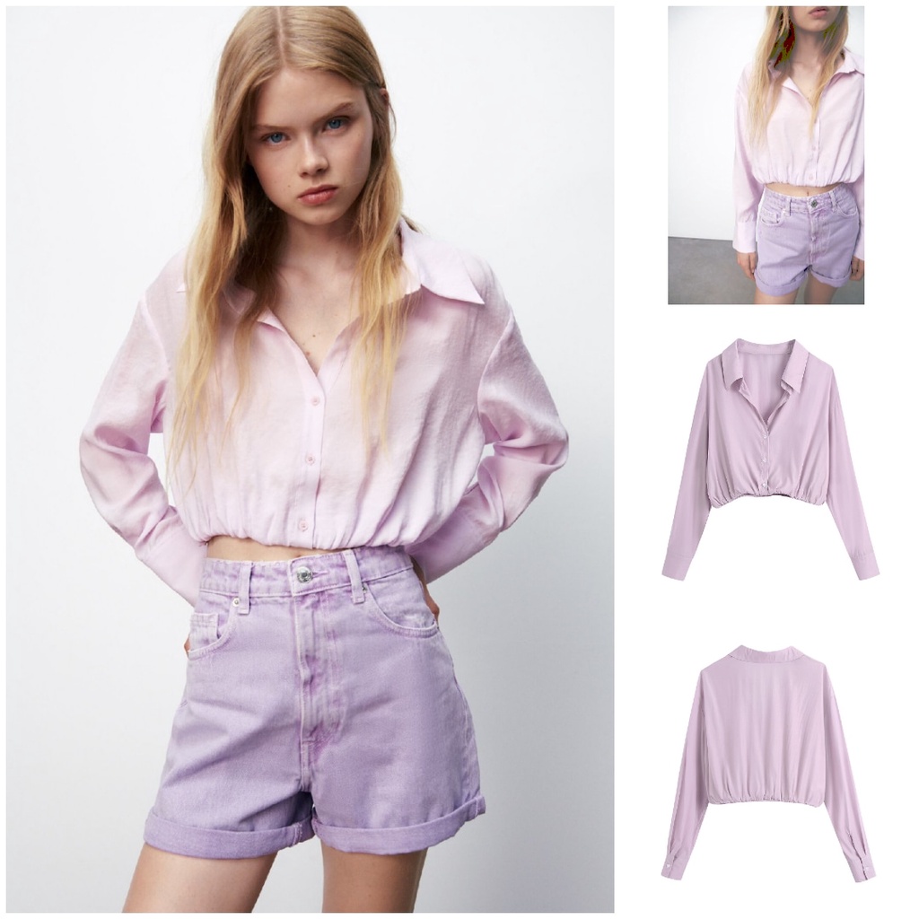 CROP KEMEJA UNGU WANITA V NECK LENGAN PANJANG KERAH POLOS PREMIUM 6VEN3288