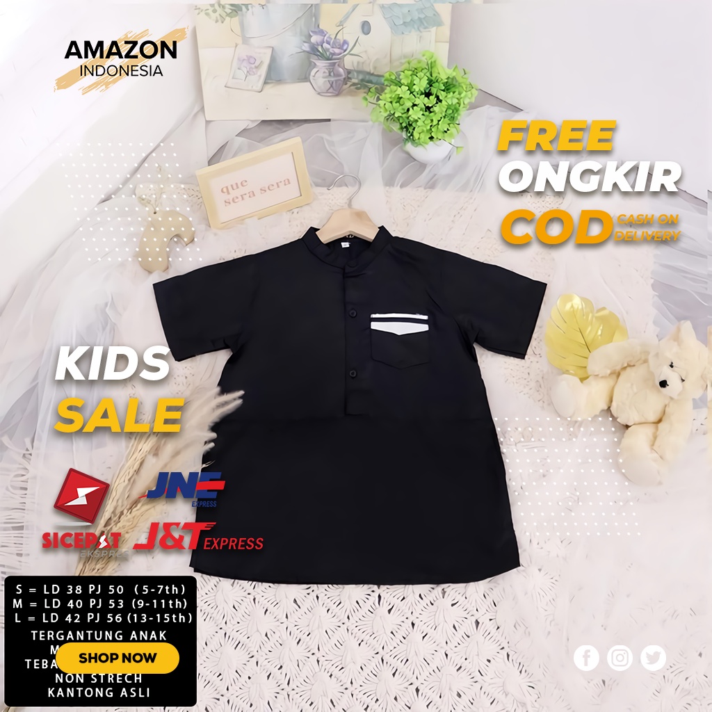 BAJU KOKO ANAK PAKAIAN MUSLIM ANAK LAKI LAKI WARNA BLACK HITAM POLOS LENGAN PENDEK KAIN KATUN ORIGINAL