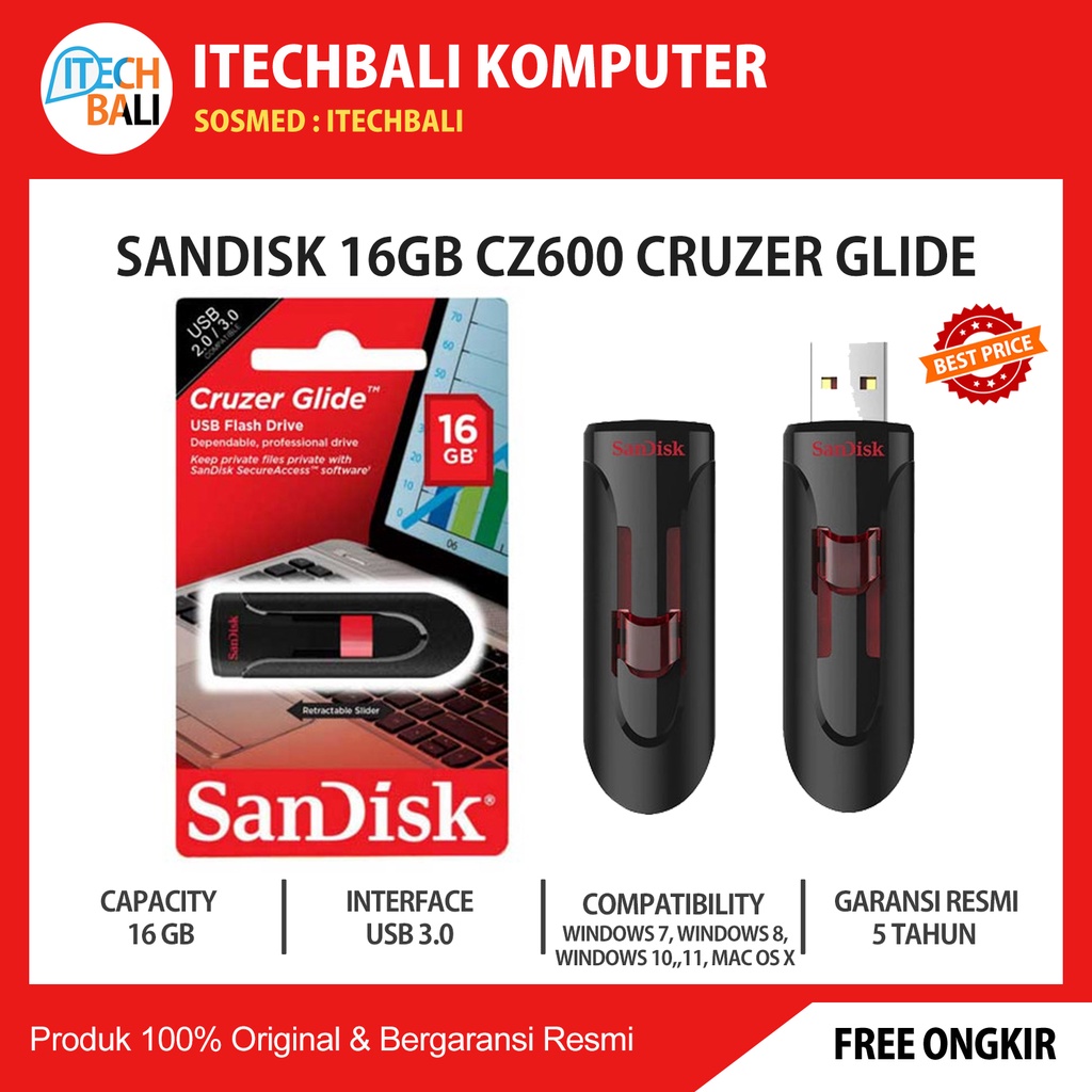 Flashdisk Sandisk 16GB CZ600 Cruzer Glide - 16GB