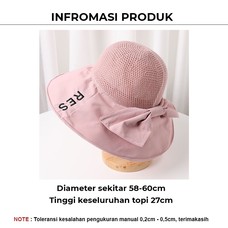 Topi Bucket Hat Pantai Wanita Korea Setengah Rajut Bordir RES Jaring Pita Belakang Lebar Anti UV ZZ