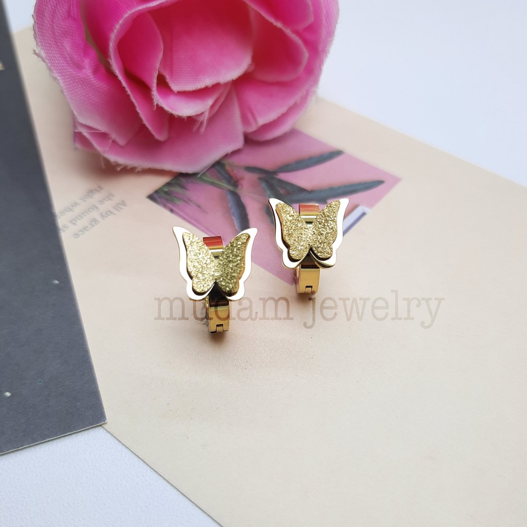 Anting Jepit Titanium Kupu - Kupu Simple dan Sederhana Tersedia Warna Rose Gold, Gold dan Silver