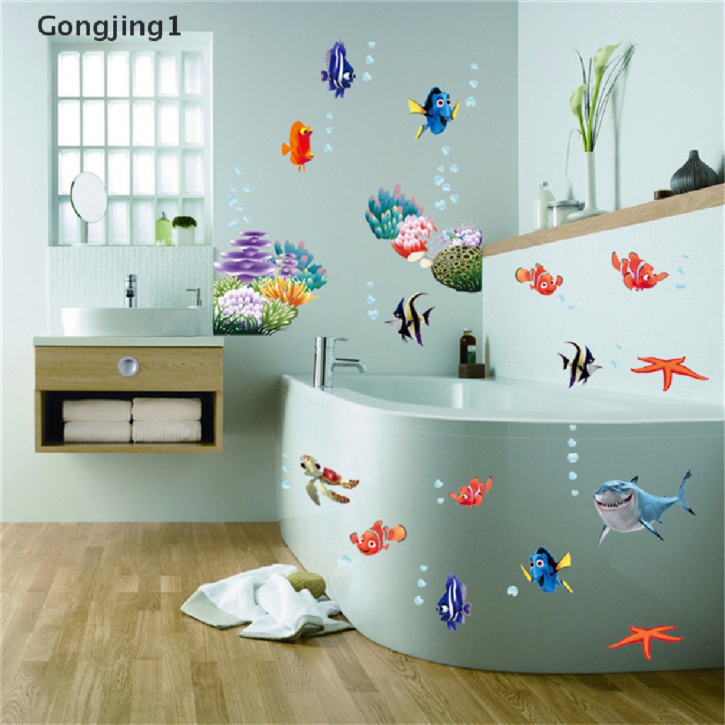 Gongjing1 Stiker Dinding Decal Desain Kartun Sea Fish, Dapat Dicopot