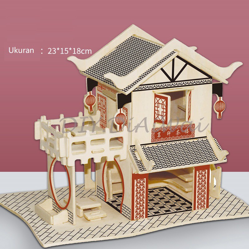 Puzzle 3D DIY bahan kayu model tea house/ Rumah minimalis mainan puzzle edukasi anak (kado &amp;pajangan