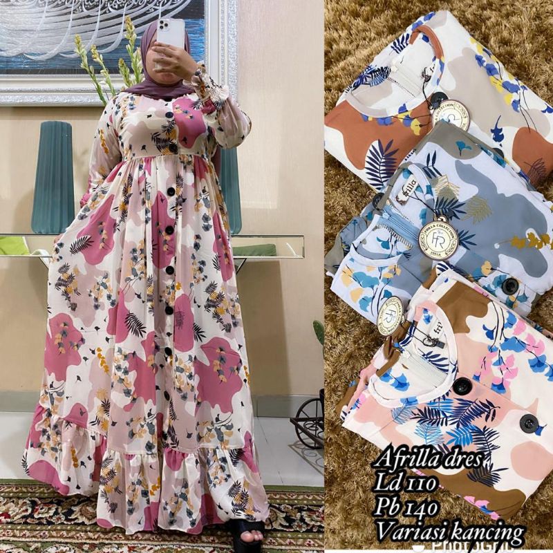 Gamis / Dress Motif Bunga Floral Ceruty Babydoll Premium Mewah Ori By Frilla Collection